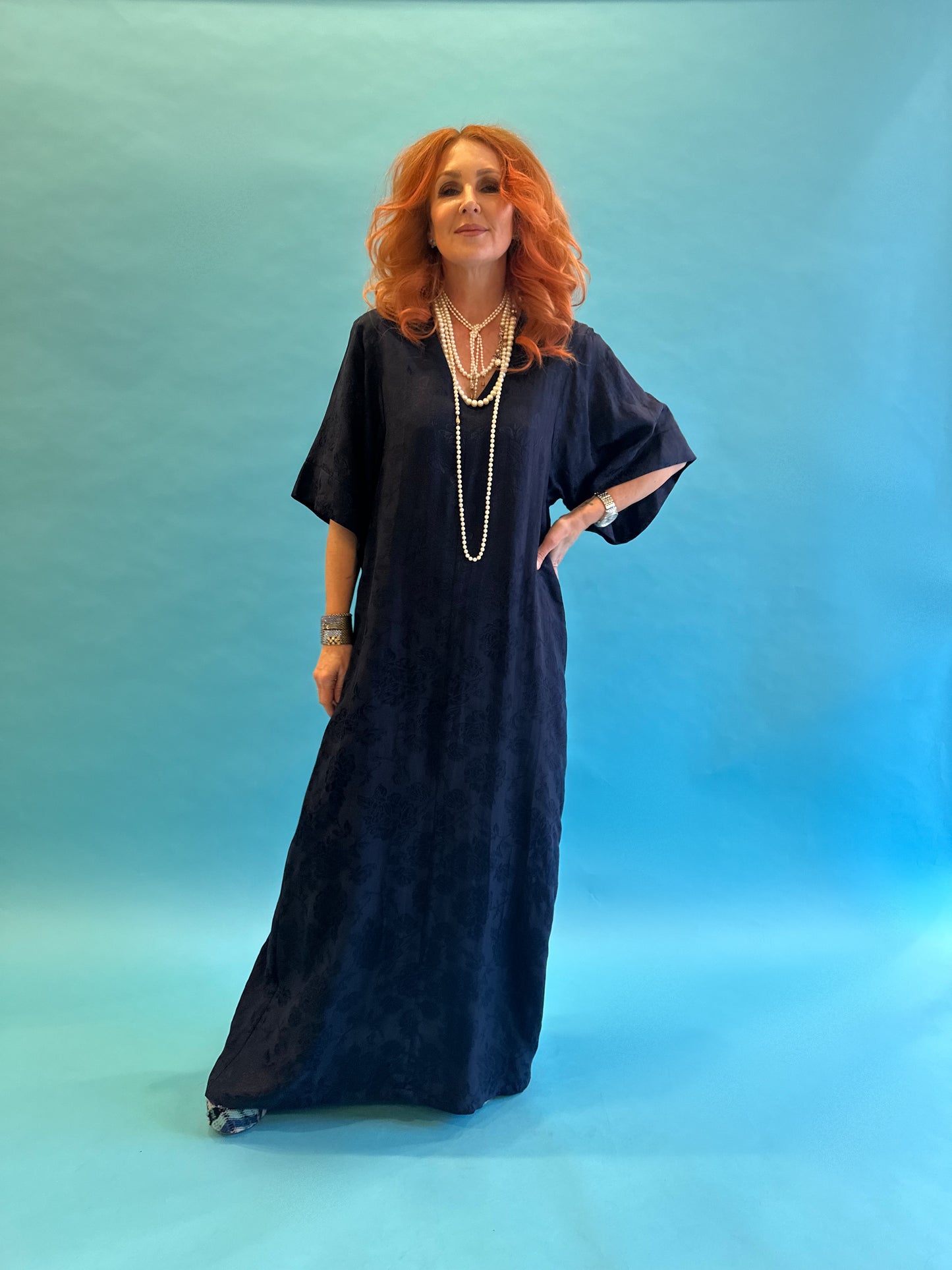 Lotus Dress in French Navy Rosa Jacquard
