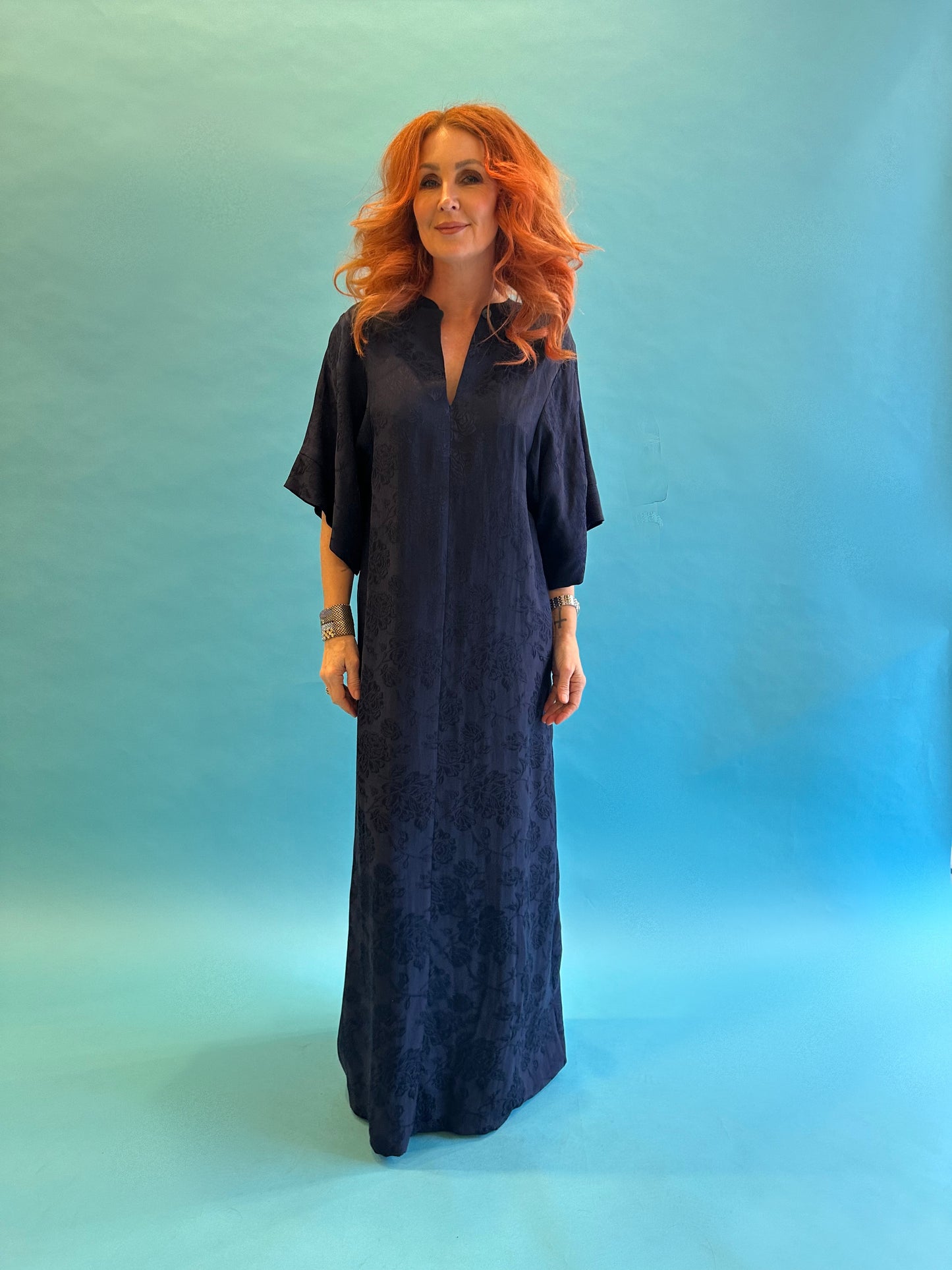Kimono Sleeve Dress in French Navy Rosa Jacquard
