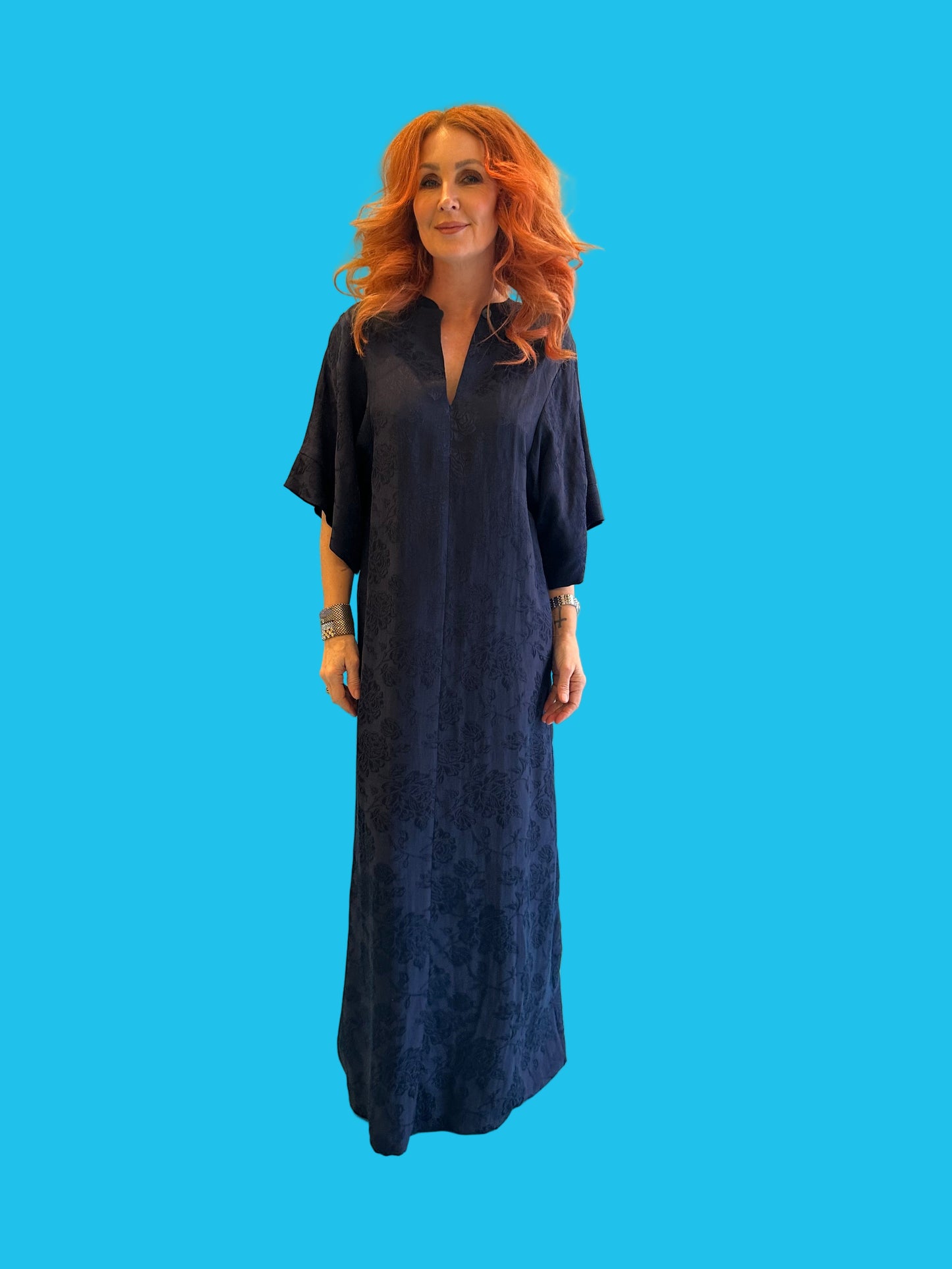 Kimono Sleeve Dress in French Navy Rosa Jacquard