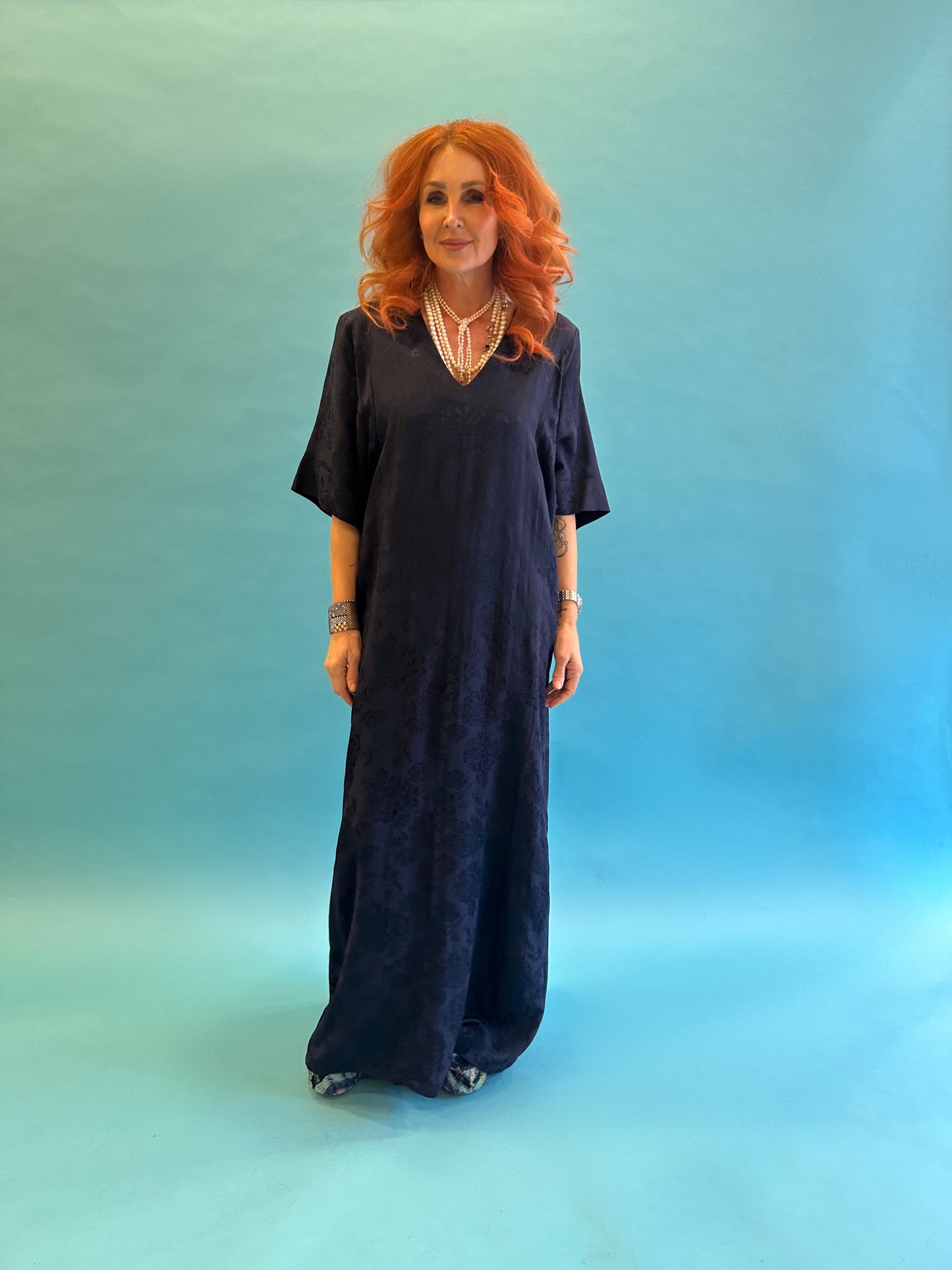 Lotus Dress in French Navy Rosa Jacquard