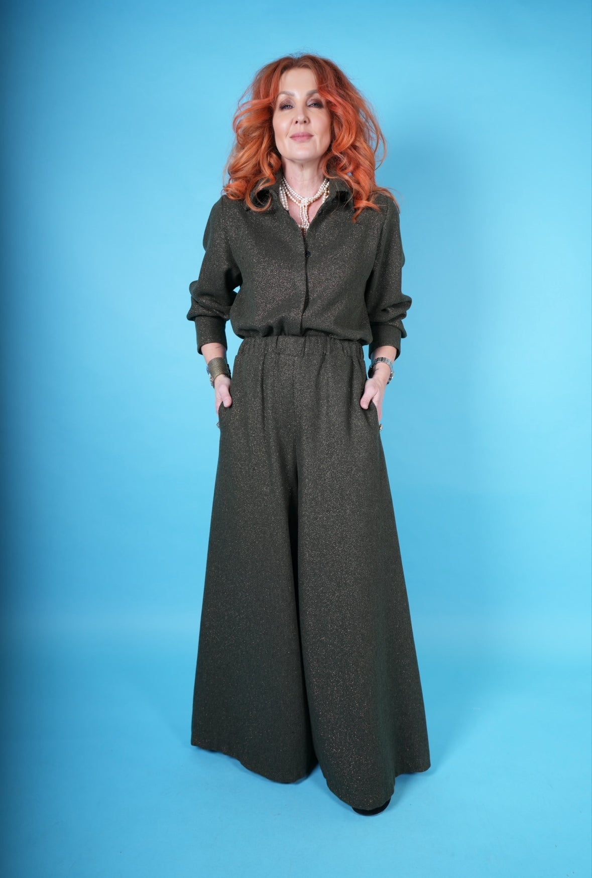 Italian Glitterati Wool Culottes in Rose Gold Lurex