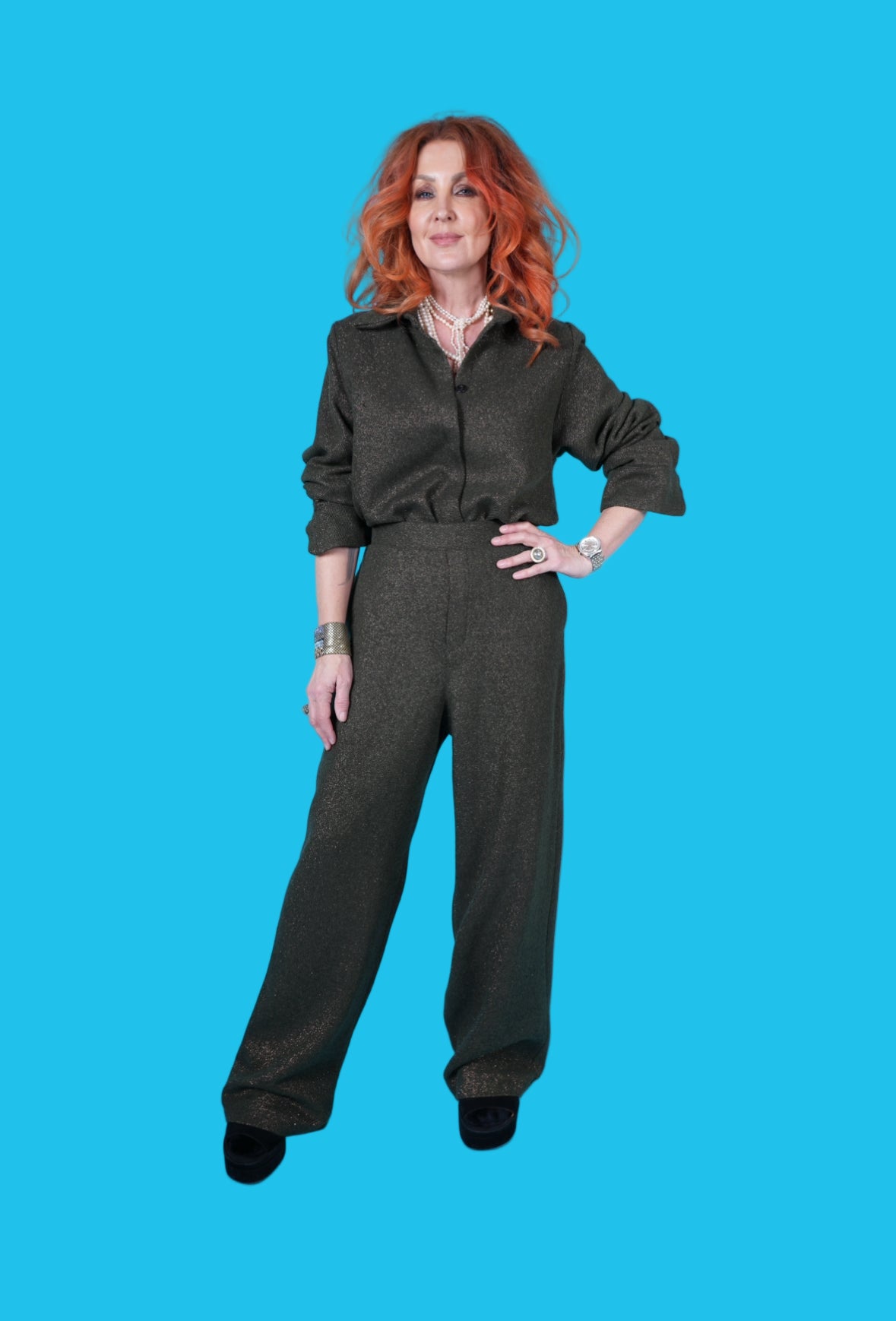 Italian Glitterati Wool Classic Pant in Rose Gold Lurex