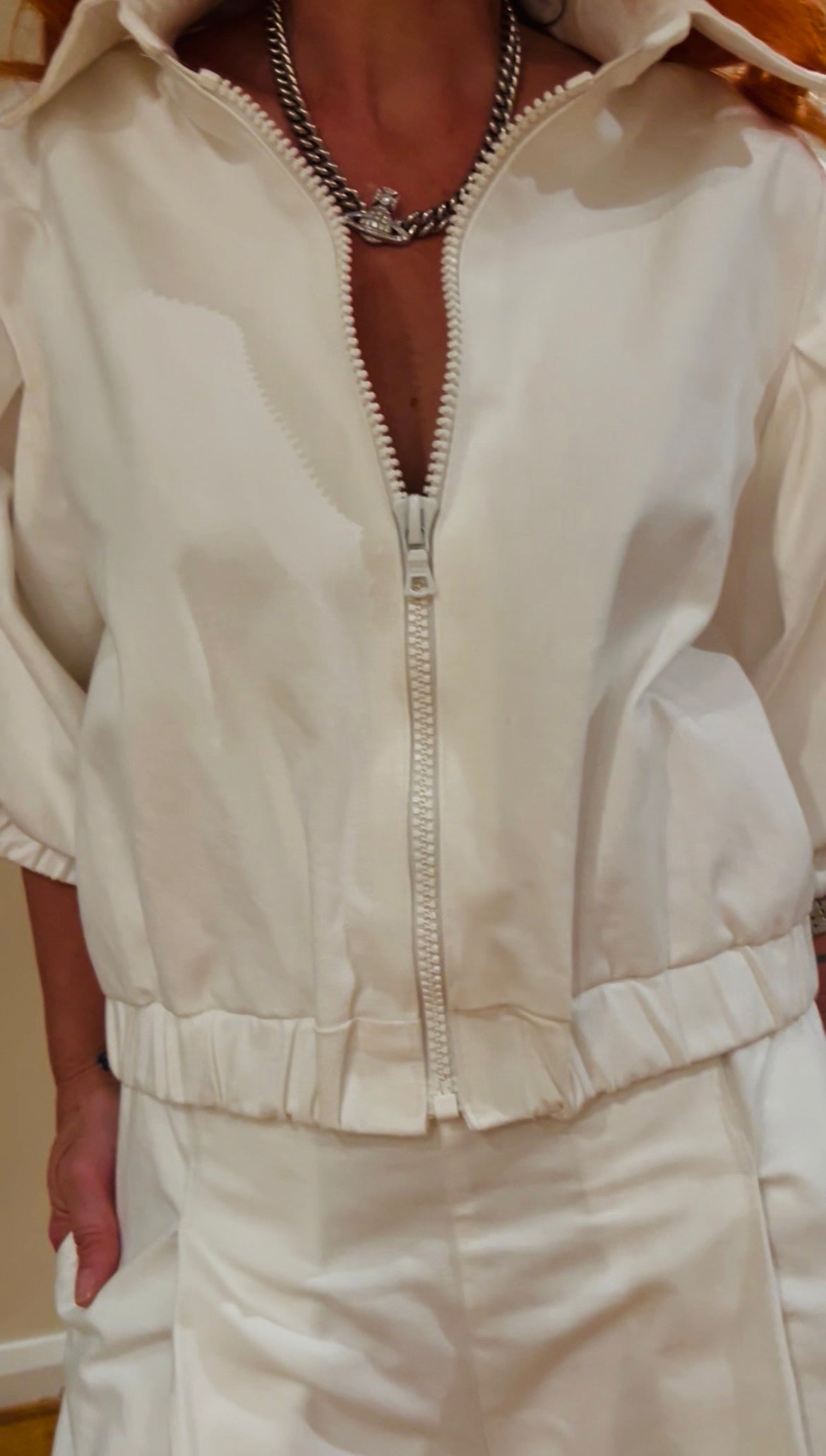 Denim Bomber in Off White