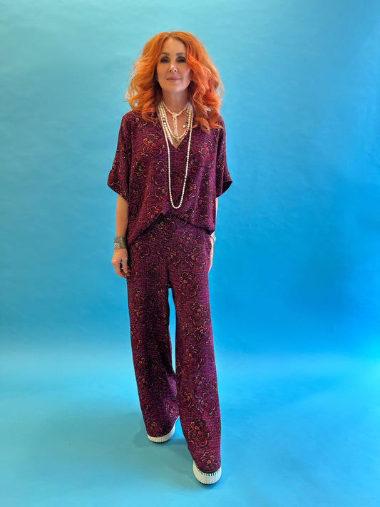 Wide Leg Pant in Raspberry Bouclé