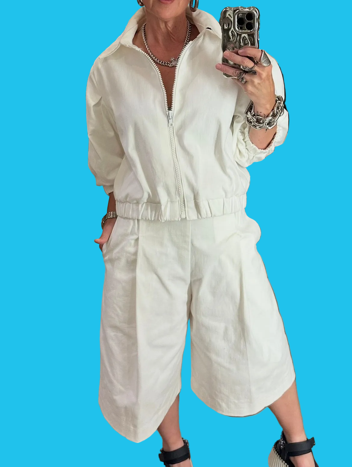 Denim Bomber in Off White