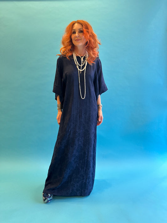 Kimono Sleeve Dress in French Navy Rosa Jacquard