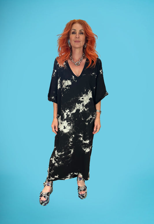 Tie Dye Deep V Tee Dress Black
