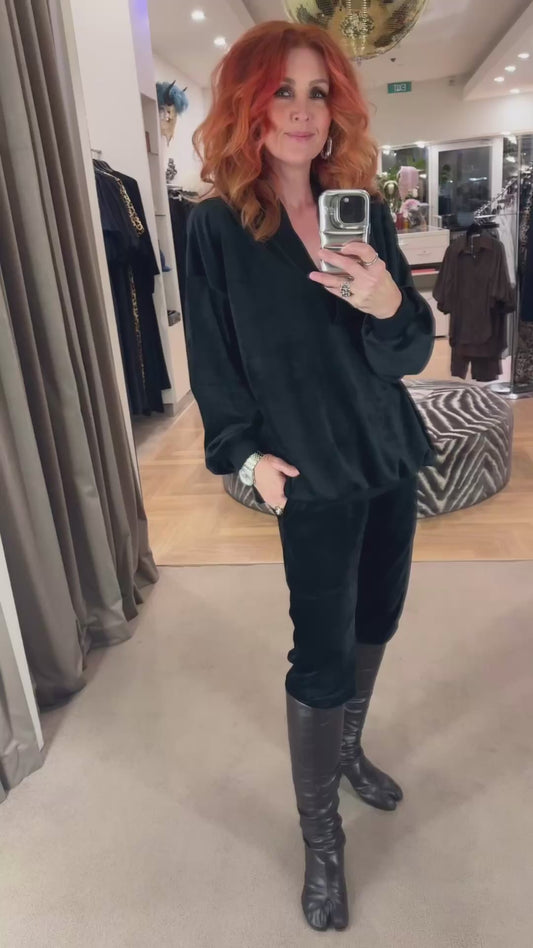 Velvet V-neck Sweat Top Black